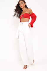 Red Buckle Front Extreme Bardot Crop Top - Theora-Crop Tops