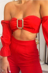 Red Buckle Front Extreme Bardot Crop Top - Theora-Crop Tops
