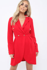 Red Button Detail Blazer Dress - Kayleigh-Dresses