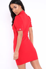 Red Button Detail Plunge Wrap Blazer Dress - Aizah-Dresses