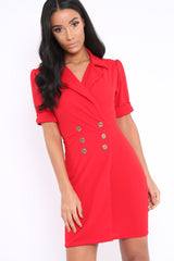 Red Button Detail Plunge Wrap Blazer Dress - Aizah-Dresses