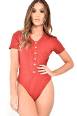 Red Button Front Short Sleeved Bodysuit - Danai-Bodysuits