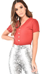 Red Button Front Short Sleeved Bodysuit - Danai-Bodysuits