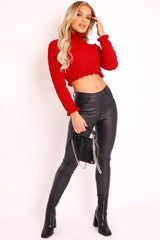Red Cable Knit Frill Neck Jumper - Jacie-Jumper