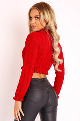 Red Cable Knit Frill Neck Jumper - Jacie-Jumper