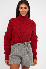 Red Cable Knit Sleeve Detail Jumper - Miyonna-Jumper