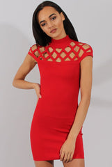 Red Cage High Neck Bodycon Dress- Kade-Dresses