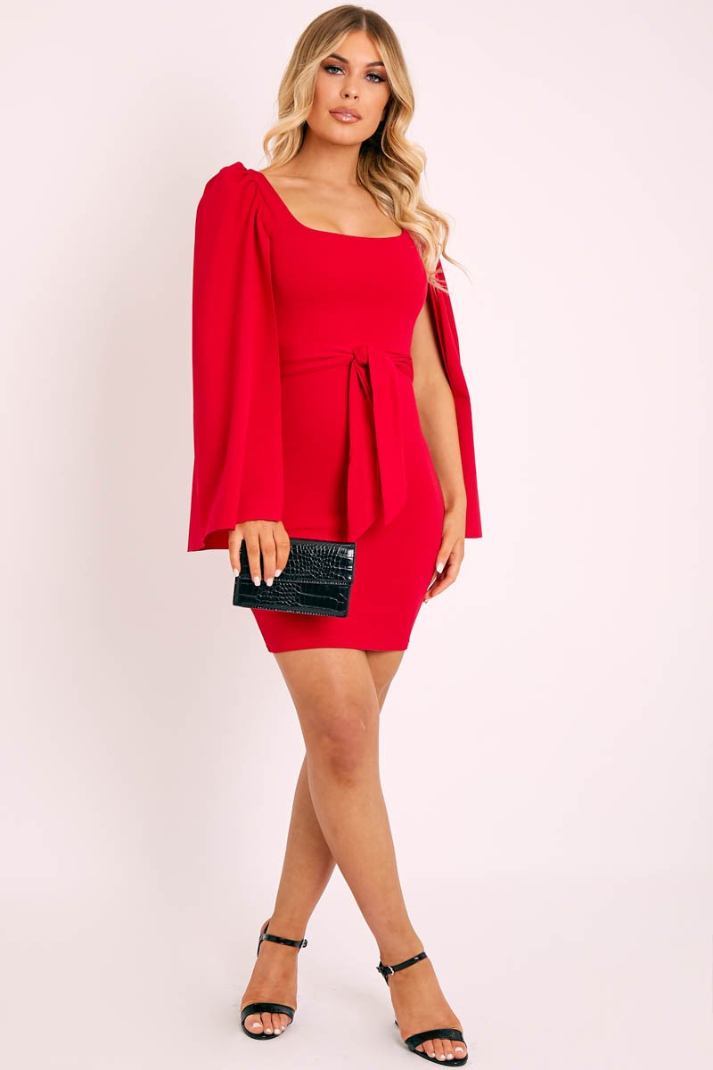 Red Cape Sleeve Bodycon Dress - Fearne-Dresses