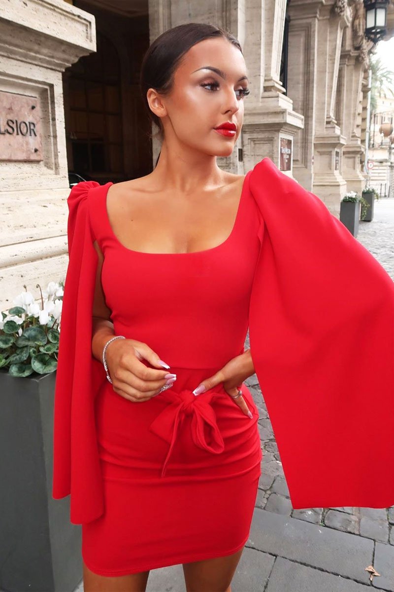 Red Cape Sleeve Bodycon Dress - Fearne-Dresses