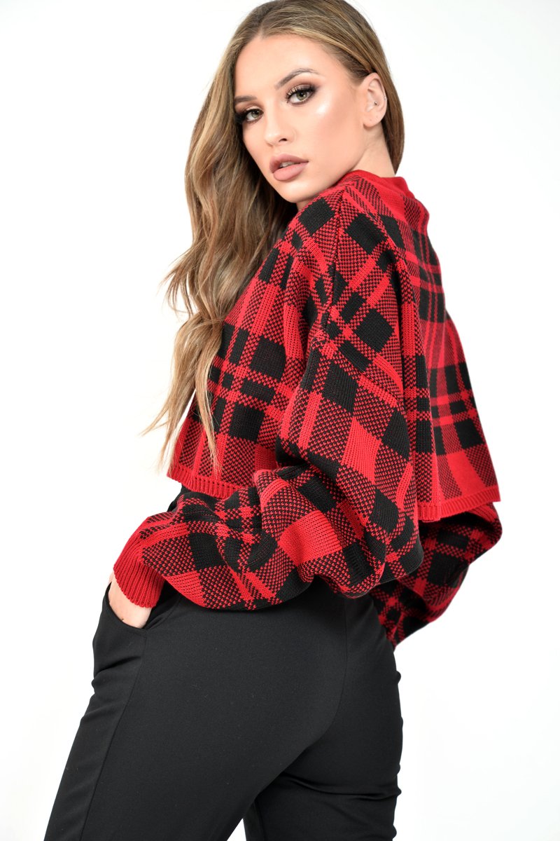 Red Check Batwing Crop Knit Jumper - Marisa-Jumper