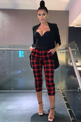 Red Check Belted Tapered Trousers - Reanne-Trousers