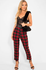 Red Check Belted Tapered Trousers - Reanne-Trousers