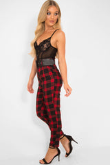Red Check Belted Tapered Trousers - Reanne-Trousers