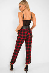 Red Check Belted Tapered Trousers - Reanne-Trousers