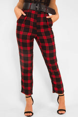Red Check Belted Tapered Trousers - Reanne-Trousers