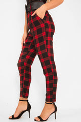 Red Check Belted Tapered Trousers - Reanne-Trousers