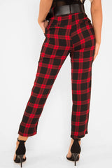 Red Check Belted Tapered Trousers - Reanne-Trousers