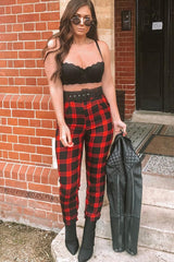 Red Check Belted Tapered Trousers - Reanne-Trousers