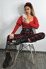 Red Check Belted Tapered Trousers - Reanne-Trousers
