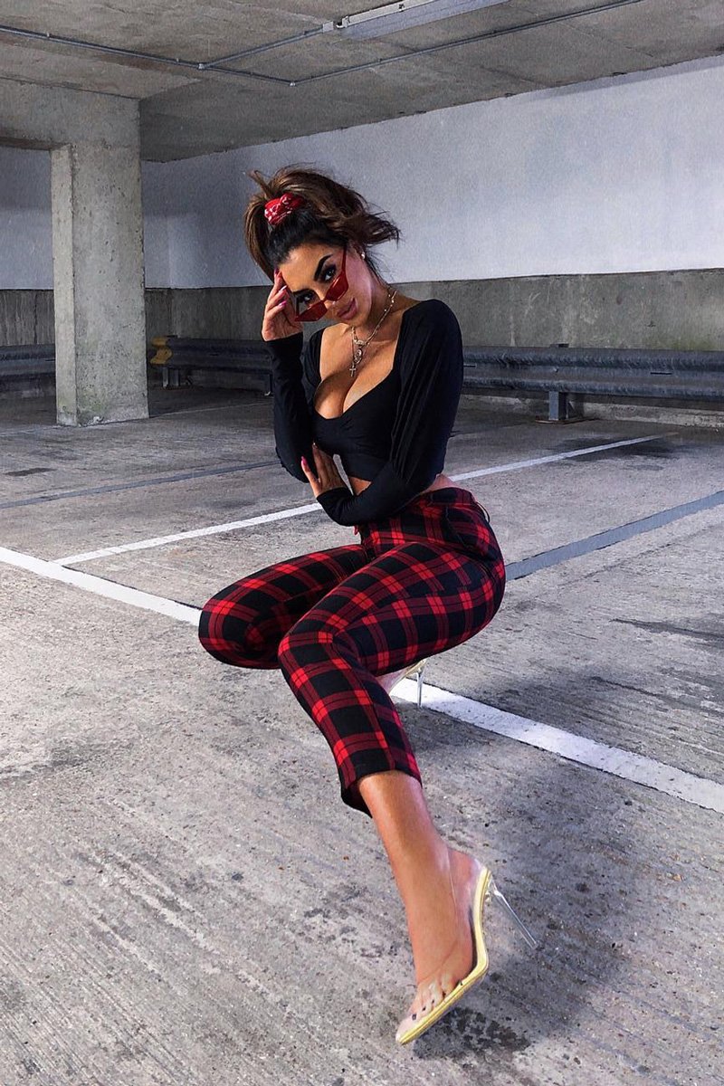 Red Check Belted Tapered Trousers - Reanne-Trousers