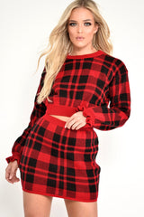 Red Check Frill Cuff Knit Jumper - Lanelle-Jumper