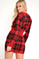 Red Check Frill Cuff Knit Jumper - Lanelle-Jumper