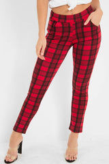 Red Check High Waist Slim Fit Trousers - Sashya-Trousers