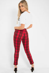 Red Check High Waist Slim Fit Trousers - Sashya-Trousers