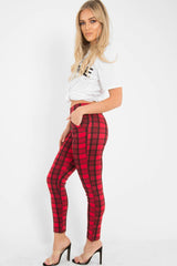 Red Check High Waist Slim Fit Trousers - Sashya-Trousers