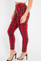 Red Check High Waist Slim Fit Trousers - Sashya-Trousers