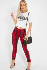 Red Check High Waist Slim Fit Trousers - Sashya-Trousers