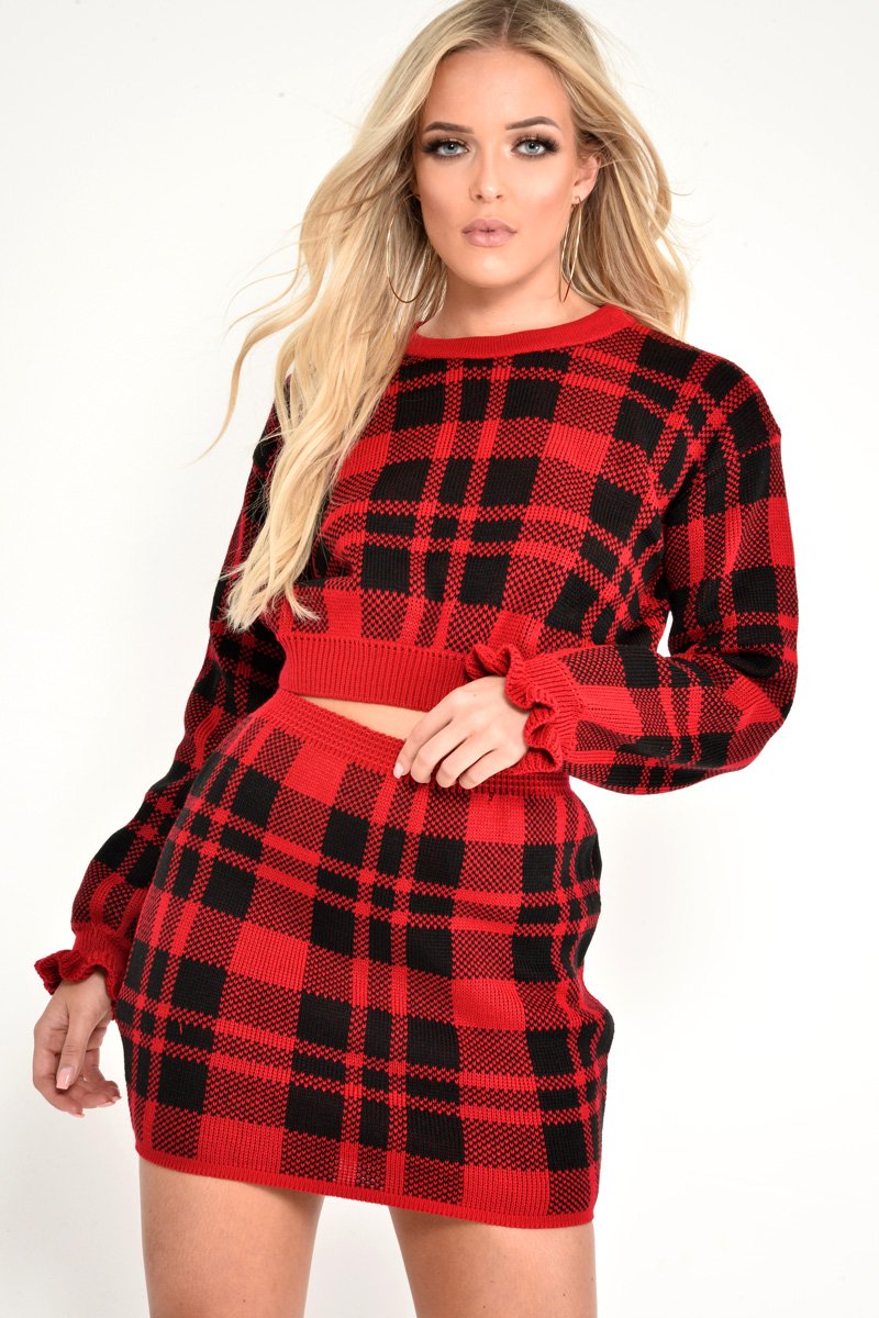 Red Check Knit Mini Skirt - Crissy-Skirts