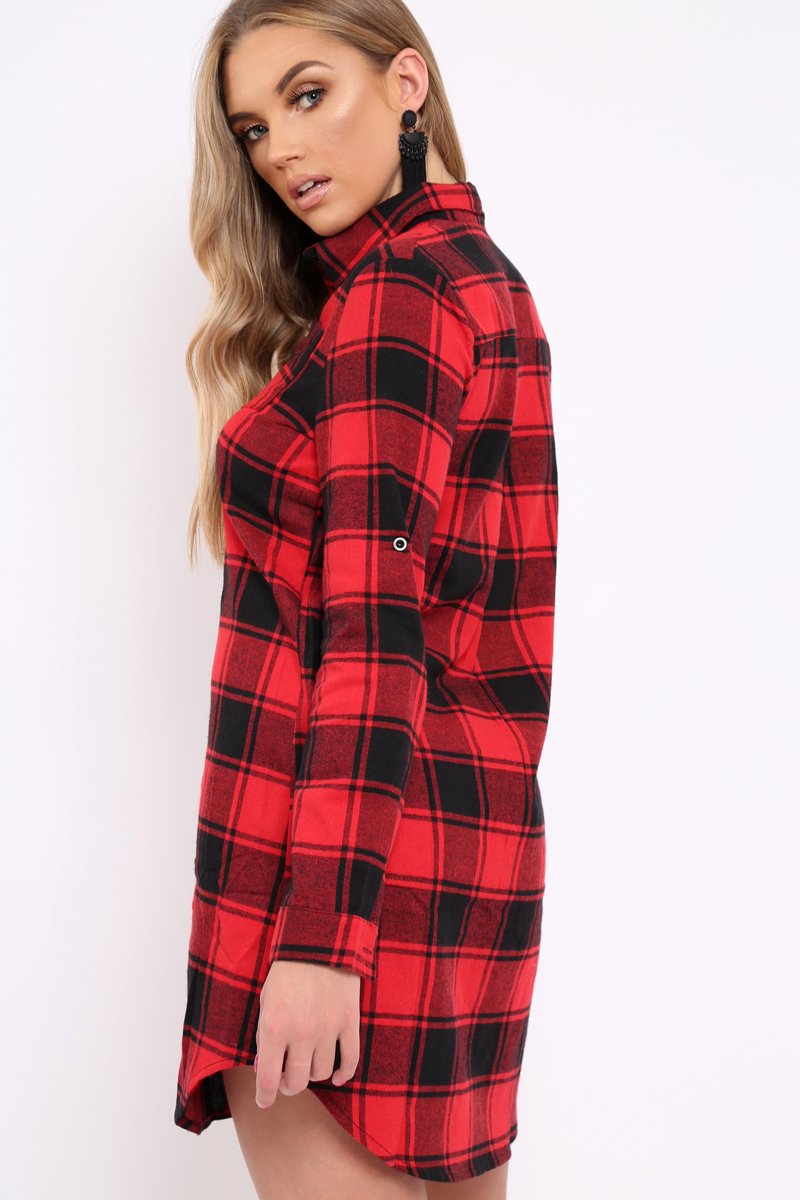 red and black check shirt dress RED PLAID WOVEN LONG SHIRT DRESS Zonya Campbell