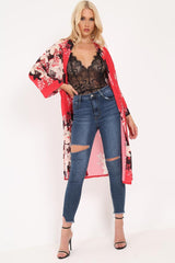 Red Chiffon Floral Kimono - Suriah-Kimono