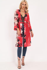 Red Chiffon Floral Kimono - Suriah-Kimono