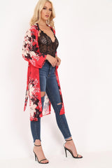 Red Chiffon Floral Kimono - Suriah-Kimono