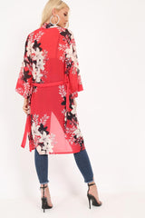 Red Chiffon Floral Kimono - Suriah-Kimono