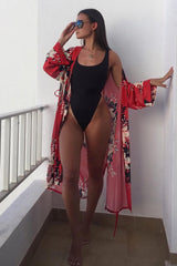 Red Chiffon Floral Kimono - Suriah-Kimono