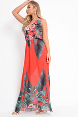 Red Chiffon Leaf Print Plunge Maxi Dress - Marlin-Dresses