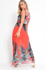 Red Chiffon Leaf Print Plunge Maxi Dress - Marlin-Dresses