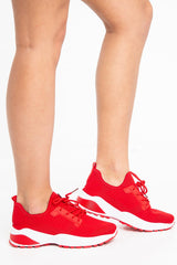 Red Chunky Cleated Sole Knit Trainers - Marzia-Trainers