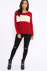 Red Chunky Knit Faux Fur Front Panel Jumper - Ophelia-Knitwear