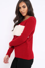 Red Chunky Knit Faux Fur Front Panel Jumper - Ophelia-Knitwear