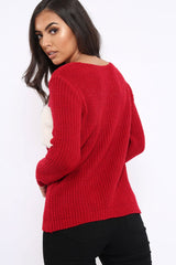 Red Chunky Knit Faux Fur Front Panel Jumper - Ophelia-Knitwear