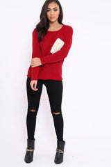 Red Chunky Knit Fur Pocket Jumper - Alois-Knitwear