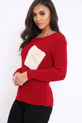 Red Chunky Knit Fur Pocket Jumper - Alois-Knitwear