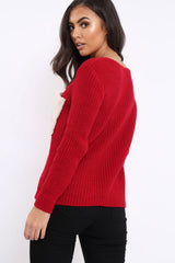 Red Chunky Knit Fur Pocket Jumper - Alois-Knitwear