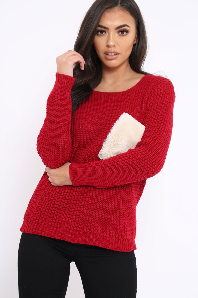 Red Chunky Knit Fur Pocket Jumper - Alois-Knitwear