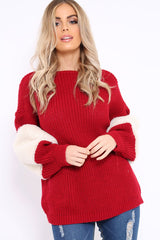 Red Chunky Knit Fur Sleeve Jumper - Kimberly-Knitwear