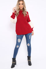 Red Chunky Knit Fur Sleeve Jumper - Kimberly-Knitwear
